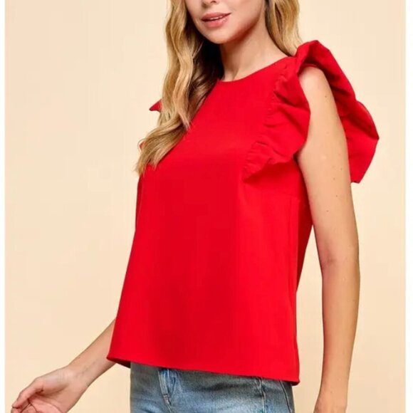 Monteau Red Ruffle Sleeve Top Size S - Picture 1 of 5